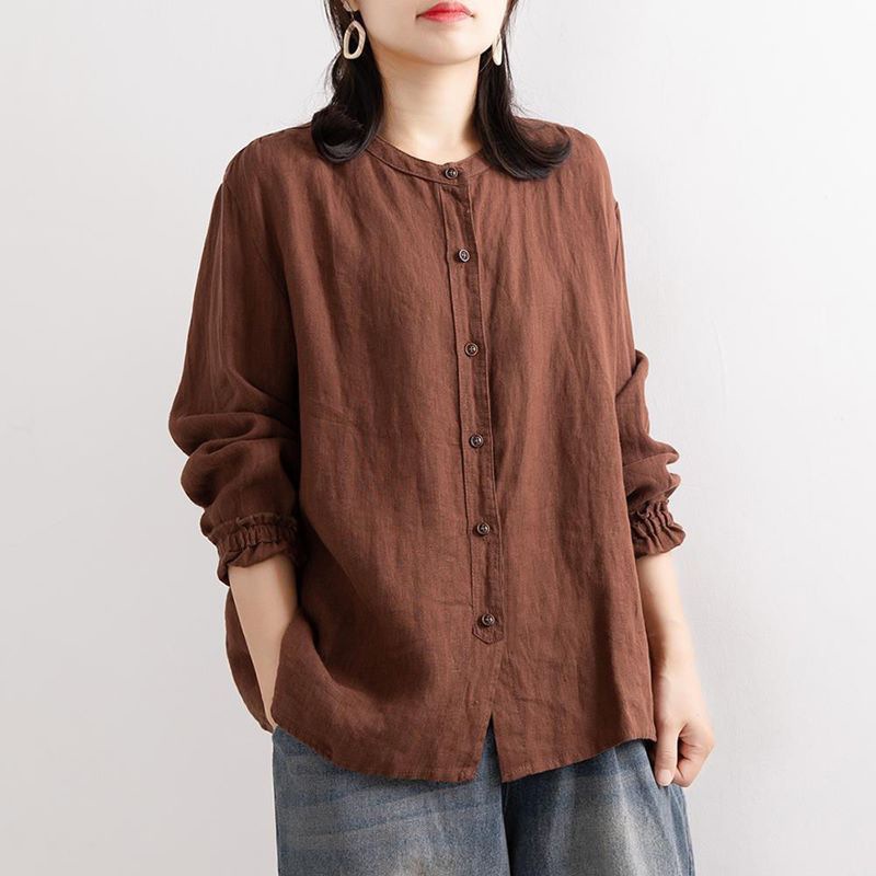 Artistic Retro Spring and Autumn Cotton Linen Shirt Women's Loose Round Neck Shirt Jacket Casual Jacket Neck Sleeve Top Women