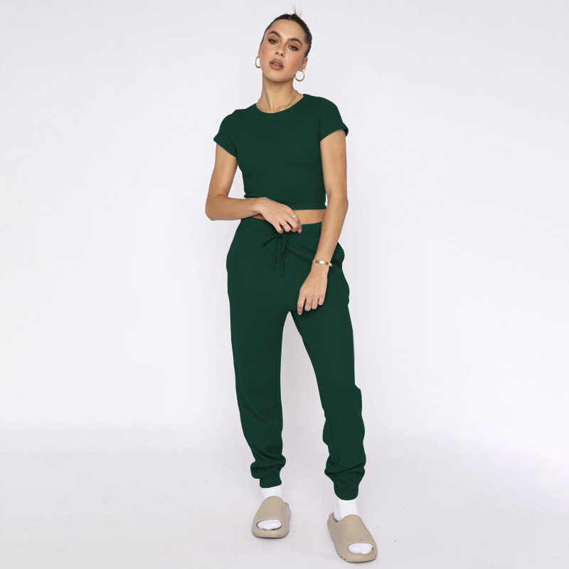 Spring Summer Solid Color Waffle round Neck Short Sleeve Women Clothing Casual Trousers Sets