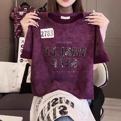 パープルレタープリントスパンコール半袖Tシャツ女性用2025夏新作スリムルーズファッショナブルなトップトレンディ
