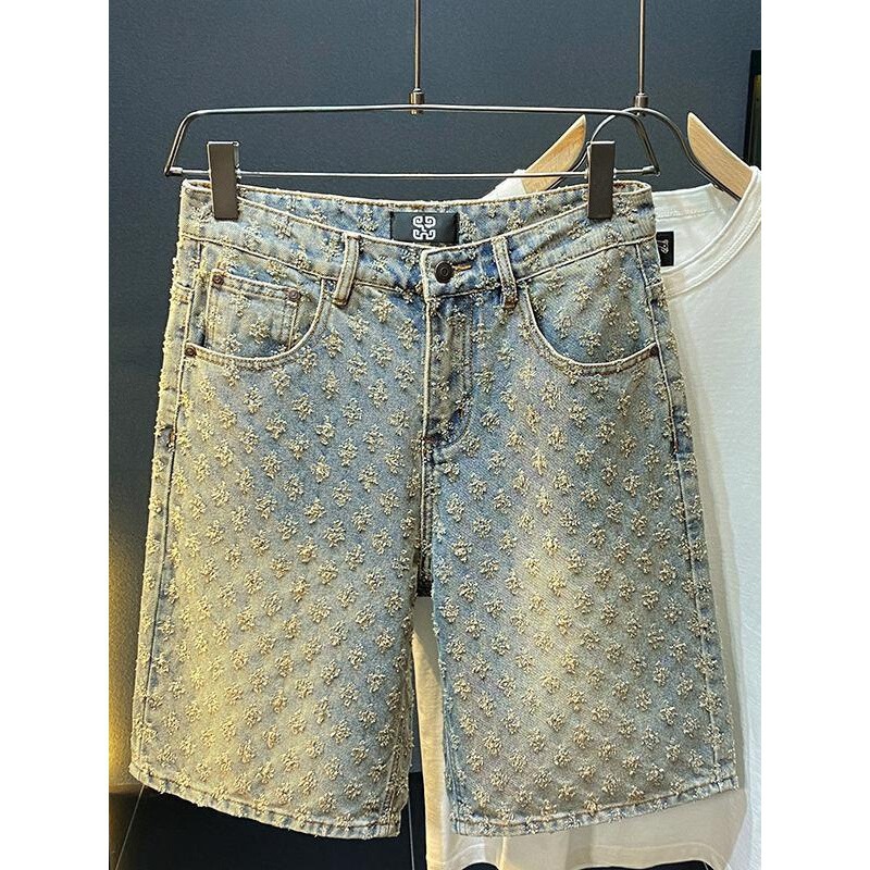 2025 American New Style Denim Shorts Men's Summer Loose Straight Ripped Jacquard High-End Five-Point Medium Pants
