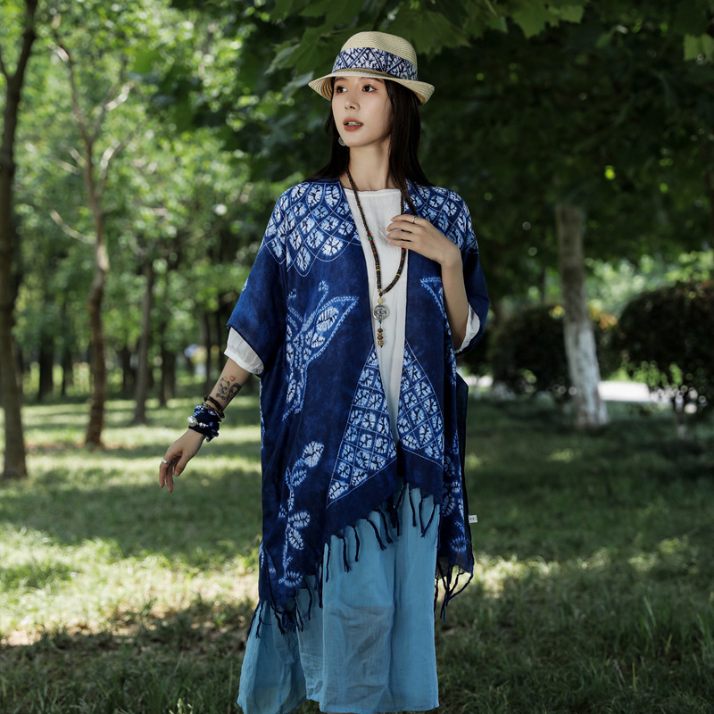 Nuevo estilo étnico teñido con lazo chal de viaje de Yunnan ropa exterior algodón y lino de las mujeres sienten bufanda capa protector solar borla cardigan