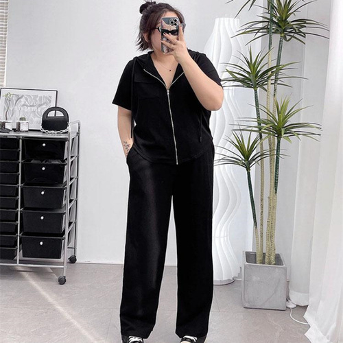 Summer Large 300 lbs Set Women Plus Size Hooded Short Sleeve Zip Up Top Slimming Casual Matchable Wide Leg Pants