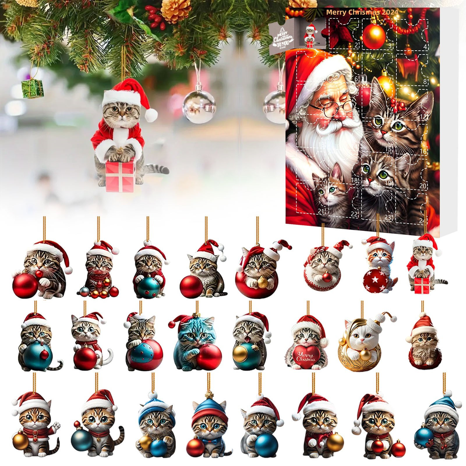 thumbnail image 1 of Calendario de Adviento de Navidad, caja sorpresa con cuenta regresiva para Navidad, lindo colgante de acrílico con forma de gato, decoración para árbol de Navidad, mochila colgante para coche, 1 of 5