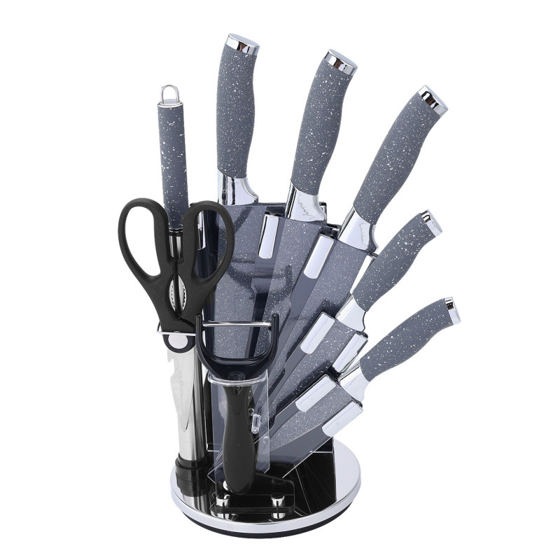 Asiento giratorio doble galvanoplastia, mango de punto de pulverización, juego de combinación de acero inoxidable, cuchillo de chef, herramientas de cocina para el hogar, stock al por mayor