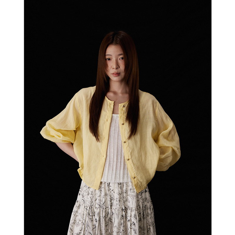 EVERTRUE Pure Ramie Round Neck Solid Color Shirt Women's Summer New Korean Long Sleeve Short Top 32387-1