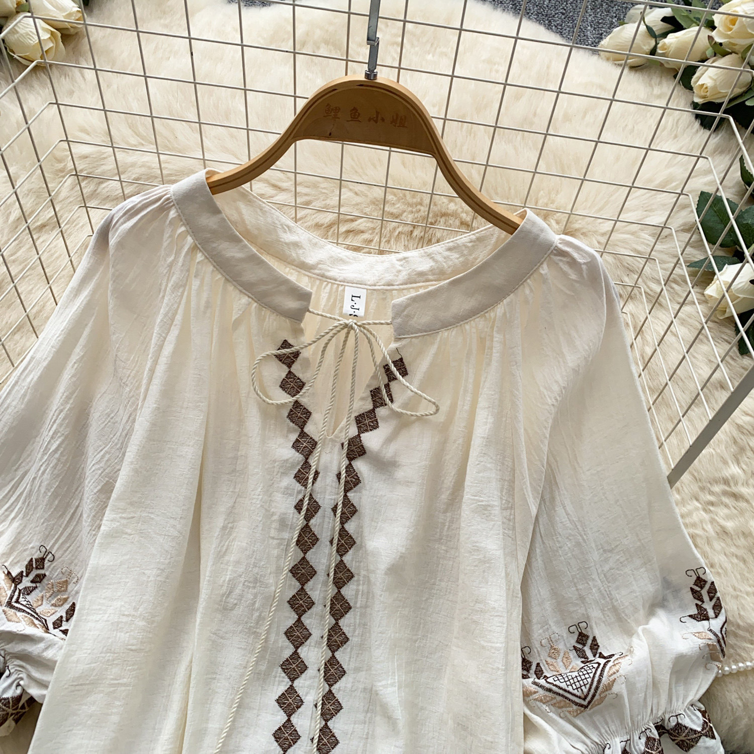 Elegant French Style Blouse for Women Red Embroidered Puff Sleeve Loose Fit Tie Waist Babydoll Top Spring Fashion_ecoleips.com