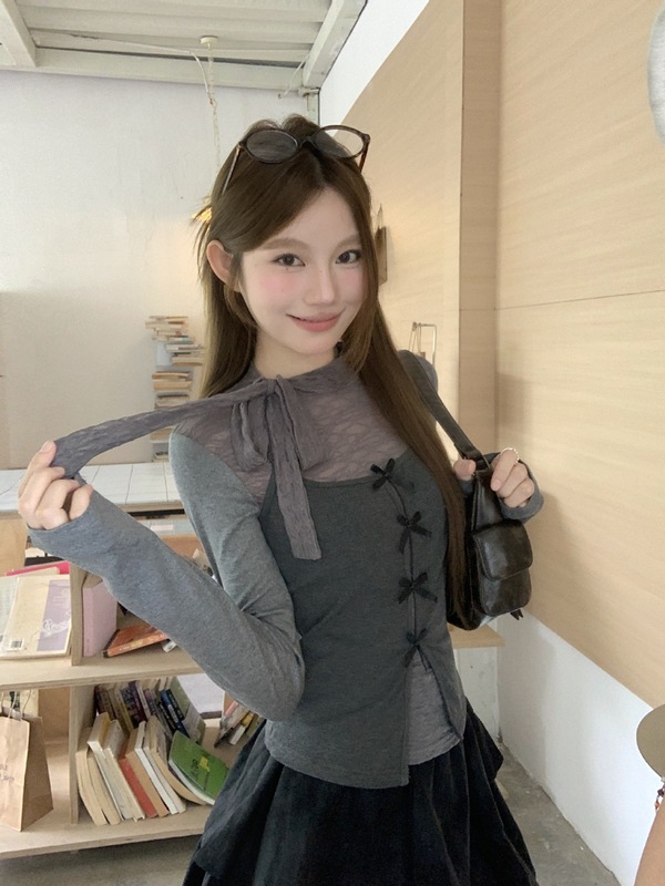 miu系穿搭套装灰色蕾丝拼接打底衫女秋季叠穿吊带背心上衣两件套|undefined