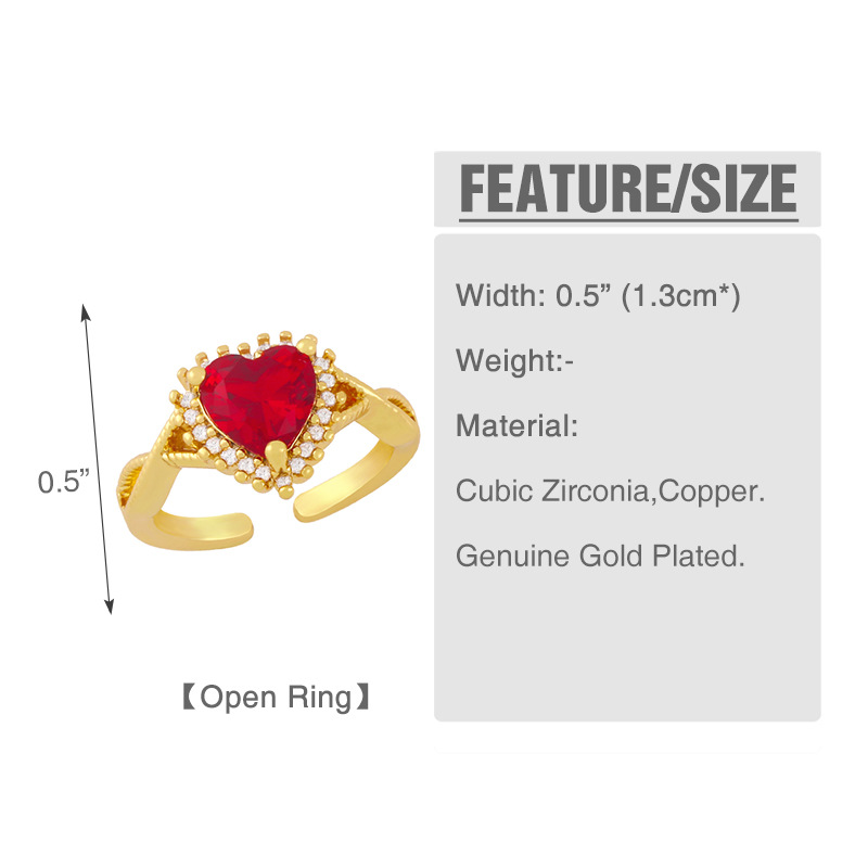 wholesale jewelry gold-plated heart-shaped copper inlaid zircon open ring nihaojewelry