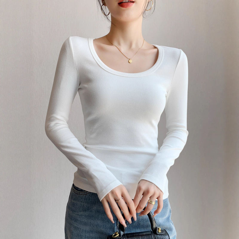 打底衫女内搭2025新款秋冬U领长袖T恤修身纯棉大领口螺纹上衣春秋|undefined