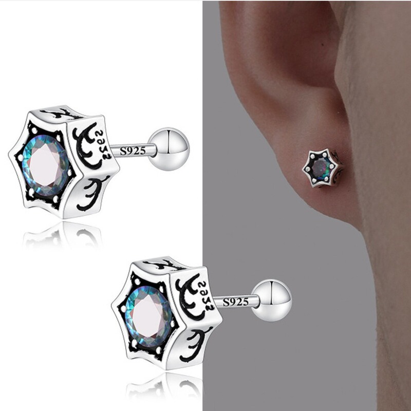 925 Silver Needle Earrings Men's Retro Cold Style 2023 New Fashionable High-end Magic Color Hexagon Men's Earrings