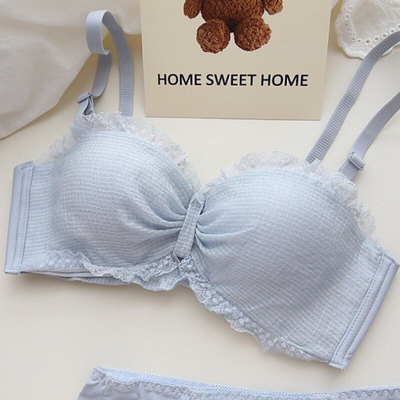 Sexy Pure Blue Lace Underwear Women's Gather Small Chest Showy Autumn and Winter Sexy Half Cup Upper Toven Bra suit