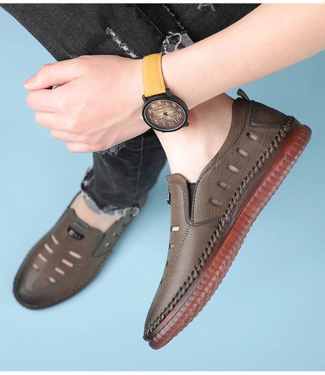 Giày sandal nam da lười khoét lỗ đế bằng chống trượt thoáng khí — Màu kaki, màu đen chi tiết 17