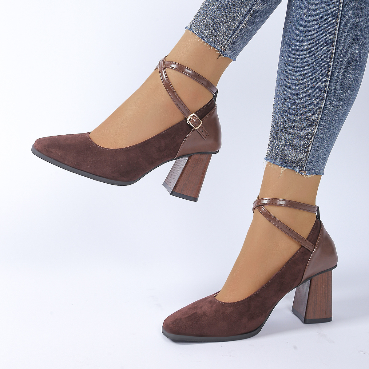 2025夏新款高跟绒面皮拼接方头单鞋女韩版粗跟交叉扣带玛丽珍女鞋