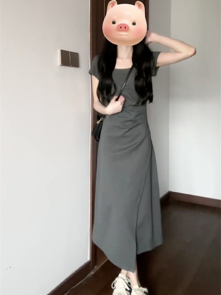 Đầm suông nữ midi màu xám trơn phong cách Pháp — đen