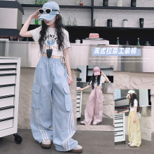 女童休闲工装儿童裤2025夏季新款中大童宽松直筒裤女童拉条工装裤