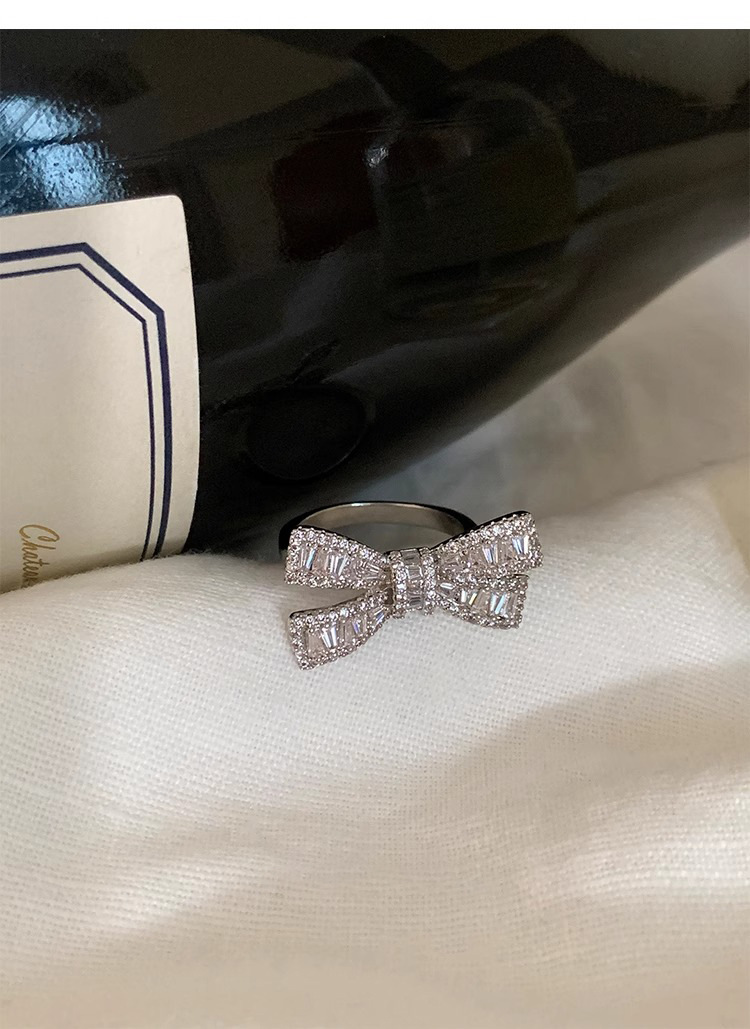 Sterling Silver Bowknot Zircon Ring For Women Adjustable Designer_voghion.com
