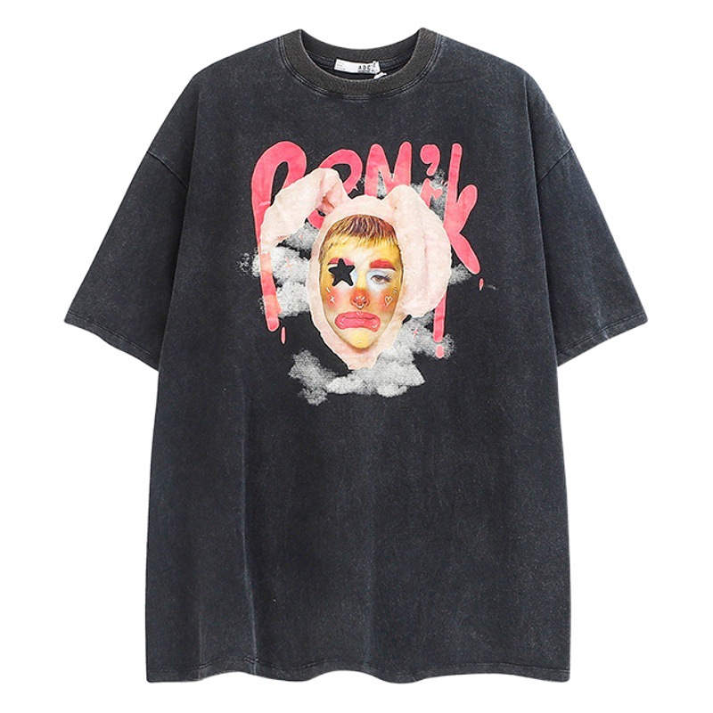La marca de moda lavada vintage payaso impreso camiseta de manga corta para hombres y mujeres camiseta de media manga de pareja de moda nacional de moda