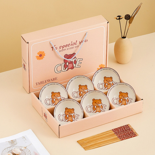 Dragon Year Bowl Set Ceramic Tableware Gift Box with Bowls and Plates, New Year Bowls and Utensils Covers, Bowls and Plates Set for Opening Ceremony, Year-end Party Small Gift Batch