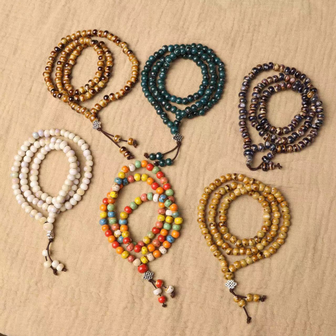 景德镇陶之恋陶瓷民族传统 陶瓷三圈项链叠戴108珠手串纯色系列