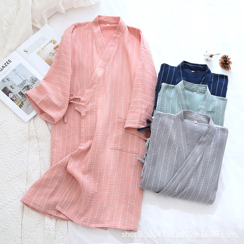 Japanese-style Pure Cotton Crepe Lace-up Kimono Gown Thin Double-layer Gauze Bathrobe Cropped Sleeve Trousers for Lovers Thin Nightgown
