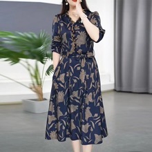 外贸洋气印花系带连衣裙女2024年秋季新款显瘦遮肉中长款裙子