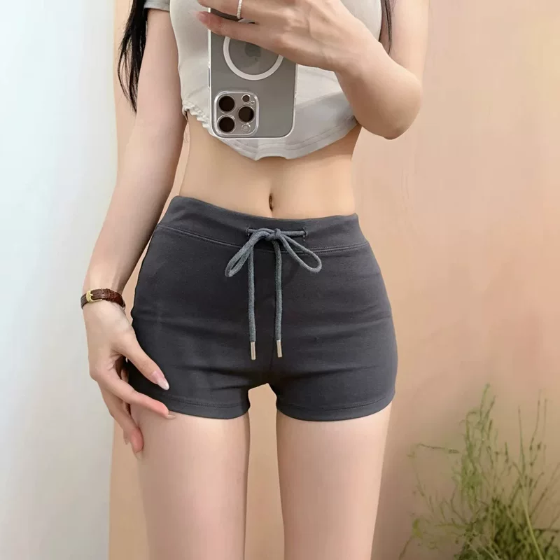 Spring trousers, shorts, drawstring, high waist, slim fit