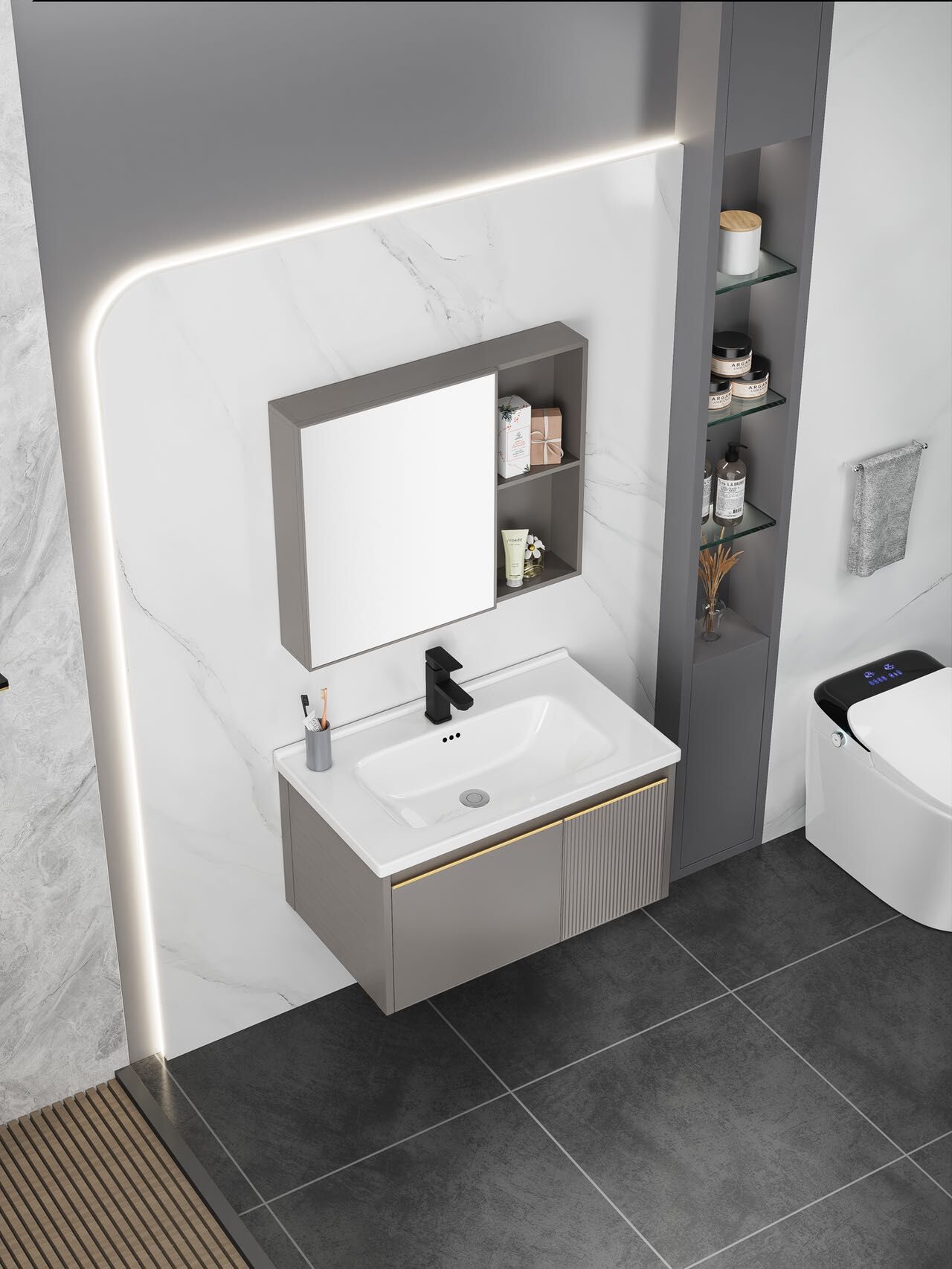 Nuevo espacio de aluminio gabinete de baño combinación de cuenca baño integrado lavabo inteligente espejo gabinete
