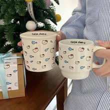 猫咪吃鱼手提马克杯原创款卡通可爱陶瓷杯咖啡杯送人礼物水杯杯子