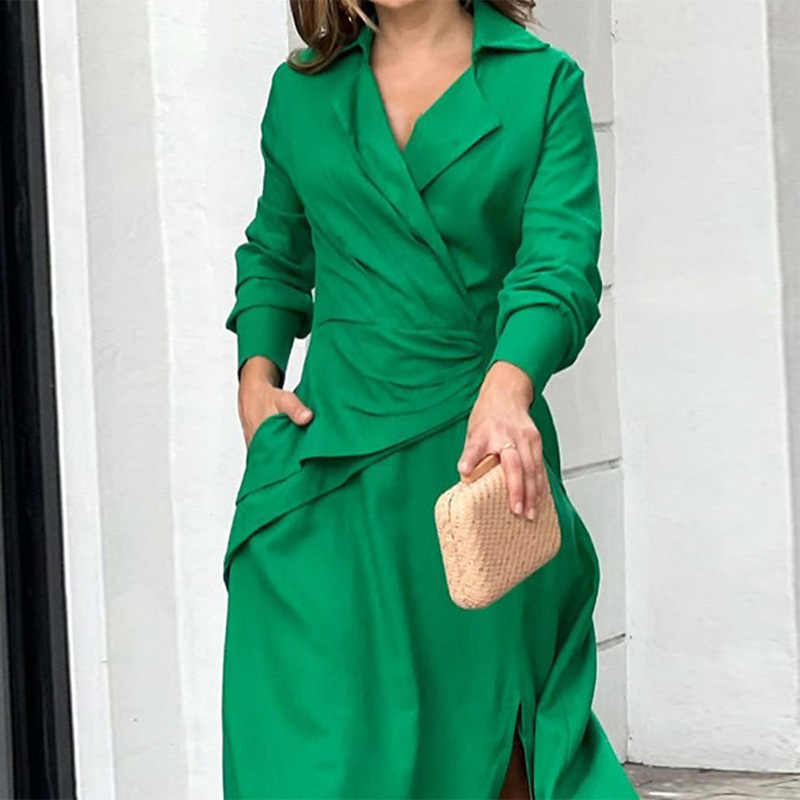 Elegant Solid Color V Neck Long Sleeve Polyester Dresses Maxi Long Dress Irregular Skirt display picture 3