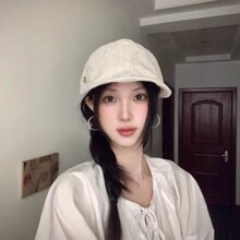 日系亚麻马术帽女显脸小百搭帽子女春夏透气复古贝雷帽大遮阳帽女