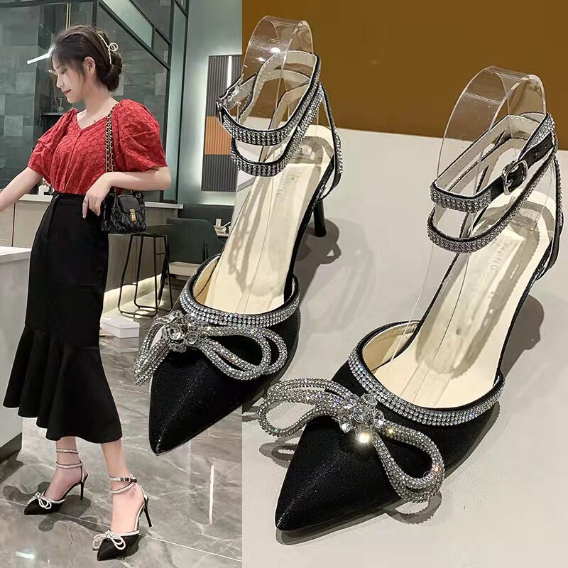 Cross-Border 2025 Summer New European and American Fashion Rhinestone Bow High-Heeled Sandals Pointed Toe Strap Stiletto Women's Shoes 43