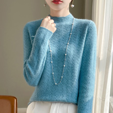 秋冬新款羊毛打底衫女100纯羊毛钩花半高领内搭宽松针织羊绒毛衣