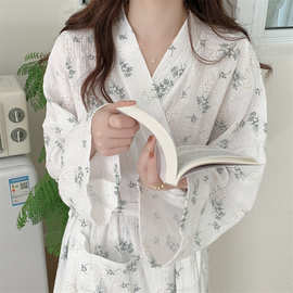 韩国ins女士新款睡袍女春秋碎花浴袍长款和服宽松睡衣家居服外贸