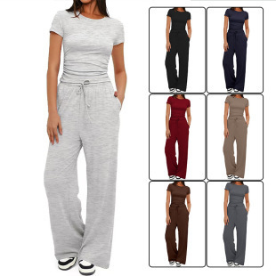 2026 Cross-Border European and American Foreign Trade Spring and Summer Commuter Wide-Leg Pants Women's New Long-Sleeve Solid Color Popular Casual Set