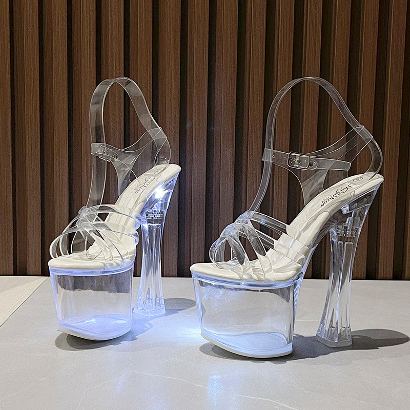 10367-86 Aliexpress 18cm Luminous Metal Buckle High Heels Chunky Heel Super High Heel Waterproof Platform Sky-High Sandals