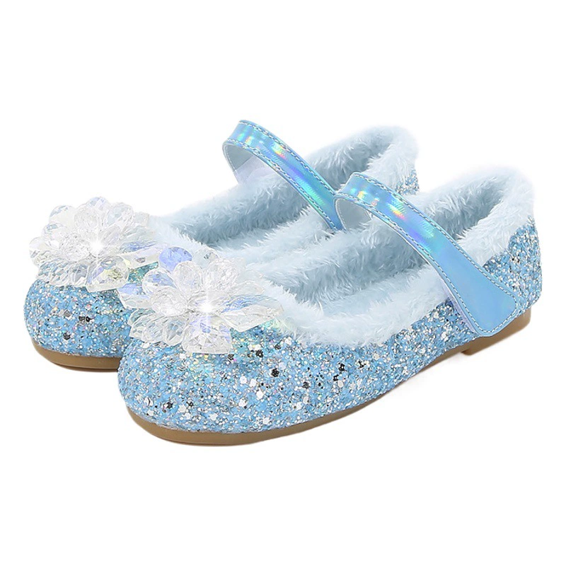 Обувь принцессы Эльзы, новые зимние туфли для девочек на флисовой подкладке, теплые туфли на плоской подошве, обувь с синими кристаллами, мягкая обувь для маленьких девочек