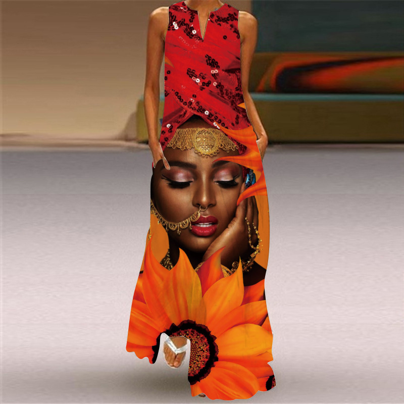 2026 New Dress Women's Fashion Bohemian Style Beach Dress V-Neck Sleeveless Long Dress African Women's Summer