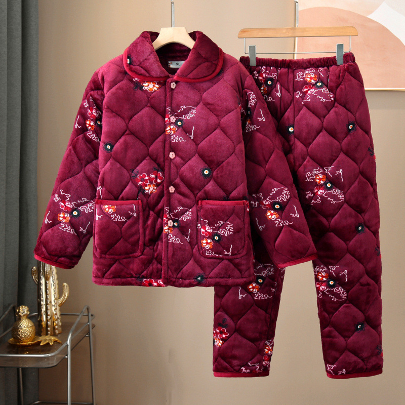 겨울 잠옷 3 층 퀼트 기모 두꺼운 산호 양털 세트 플러스 사이즈 엄마 파자마 홈 옷 세트 외복