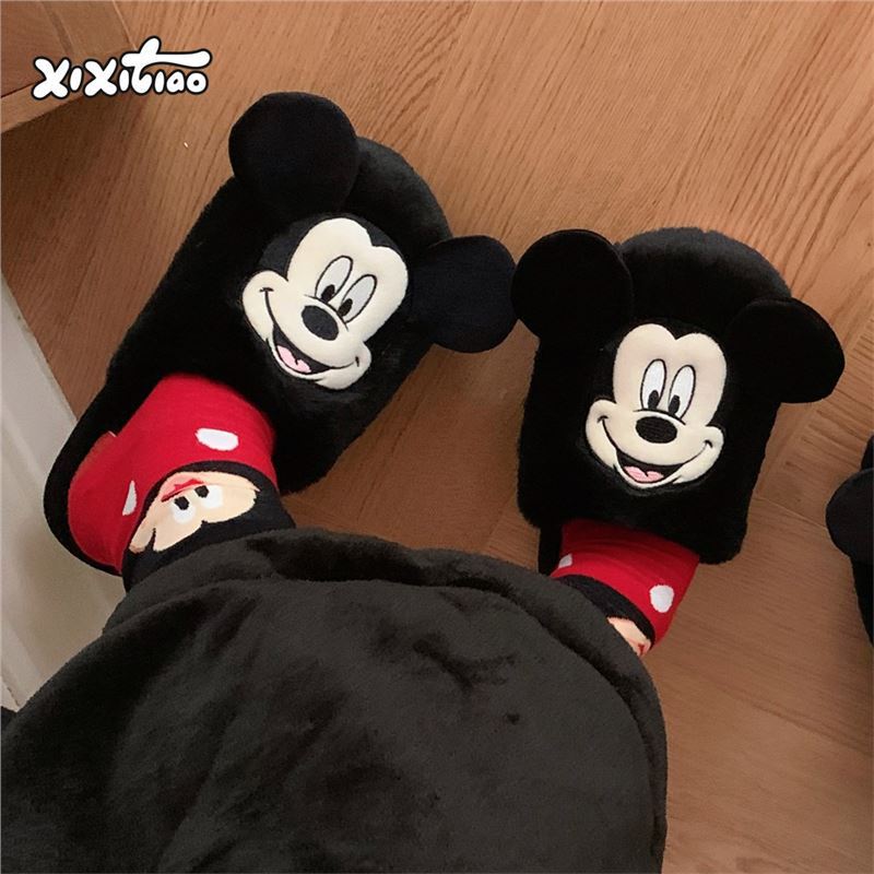 2025 New Furry Men and Women Mickey and Minnie Indoor Warm Slippers Cute Cotton Ins Couple Cotton Shoes Autumn and Winter