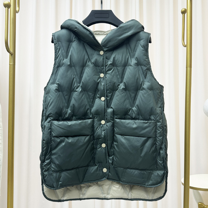 Double-sided Down Vest Women's Short 2024 Winter New White Duck Down Outer Wear Fashionable Elegant Warm Hooded Vest