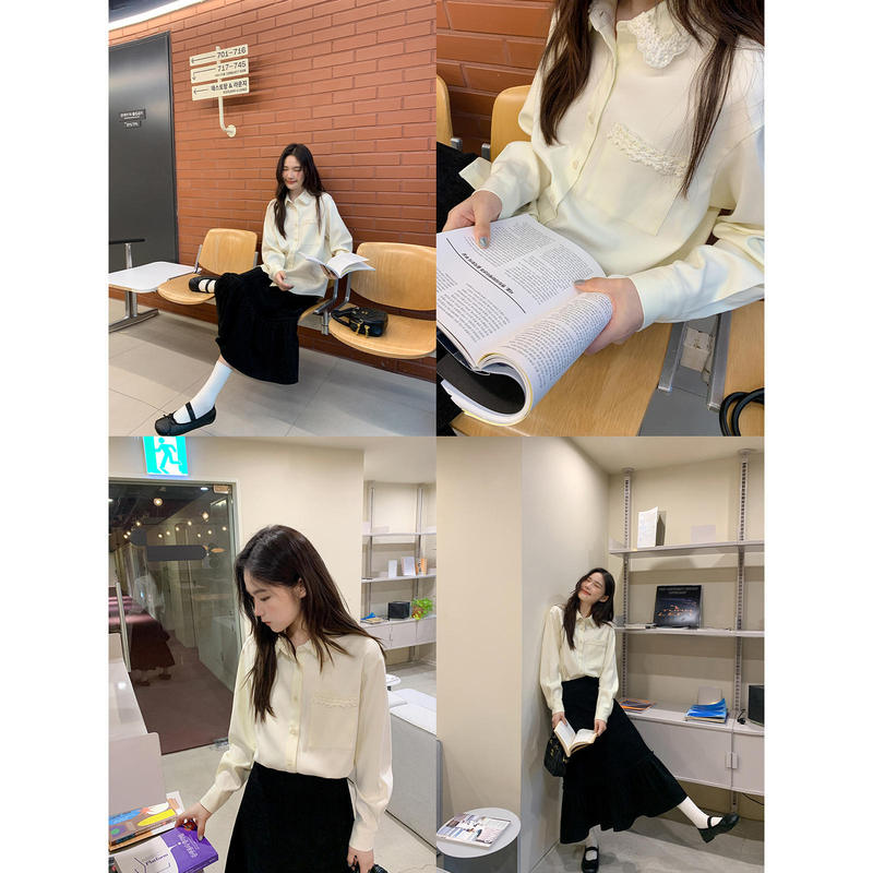 Woven Lace Trim Pocket Long-Sleeve Shirt for Women, Autumn and Winter Stylish Blouse with a Sense of Design