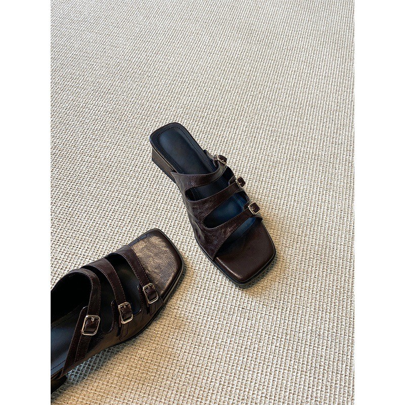 Vintage Square Toe One-strap Buckle Sandals For Women Black Heel_voghion.com