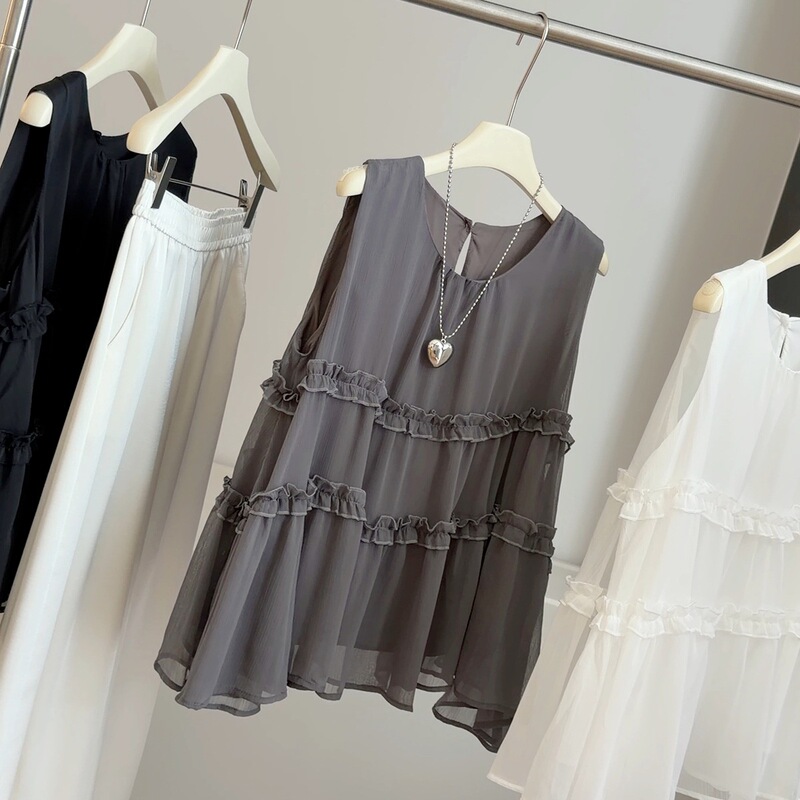 Gentle Style Sleeveless Vest Shirt for Women, Summer Chiffon Babydoll Shirt, Loose and Slimming, French Fashion, Versatile Top
