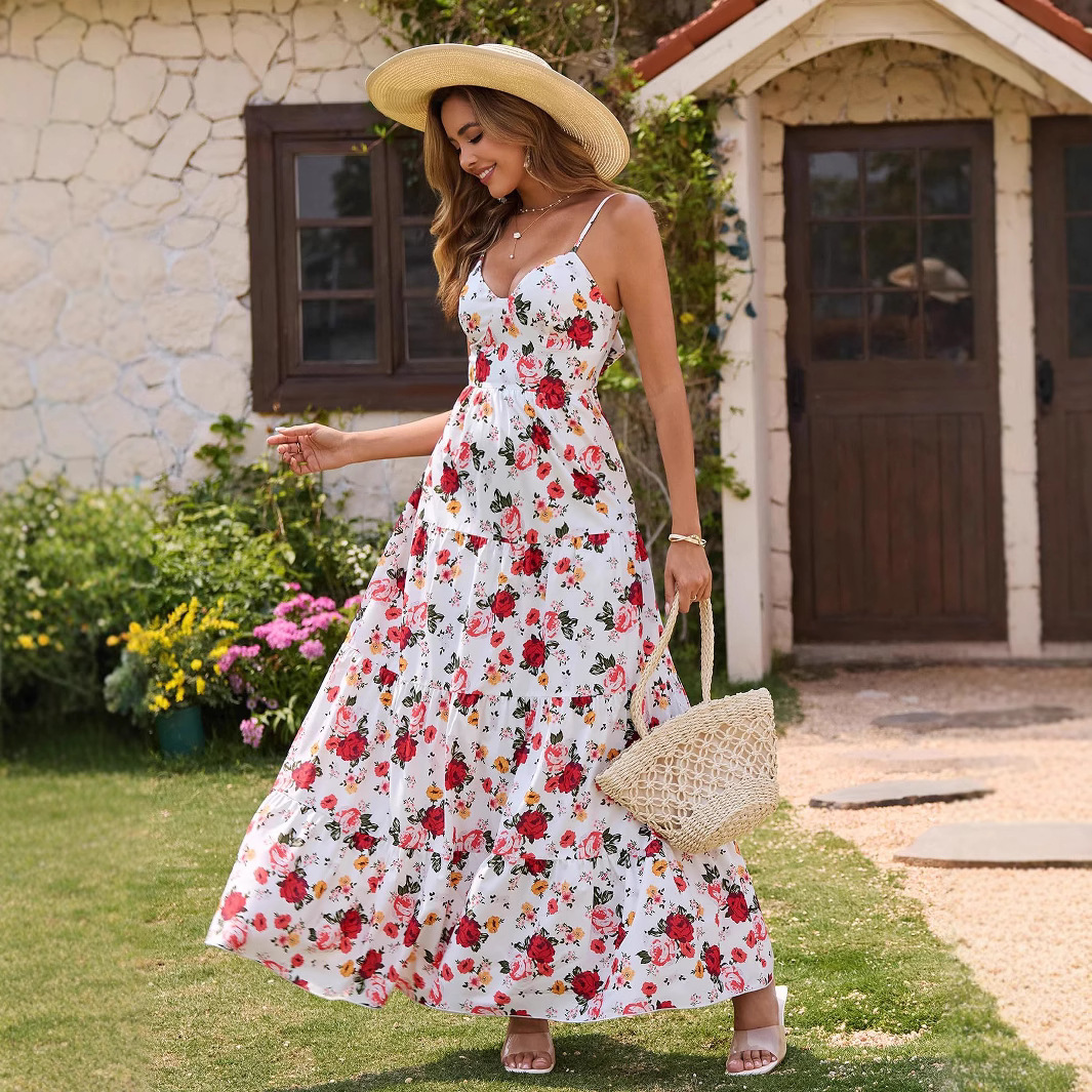 아마존 유럽과 미국 2025 새로운 여름 해변 섹시한 서스펜더 롱 스커트 패션 보우 프린트 드레스