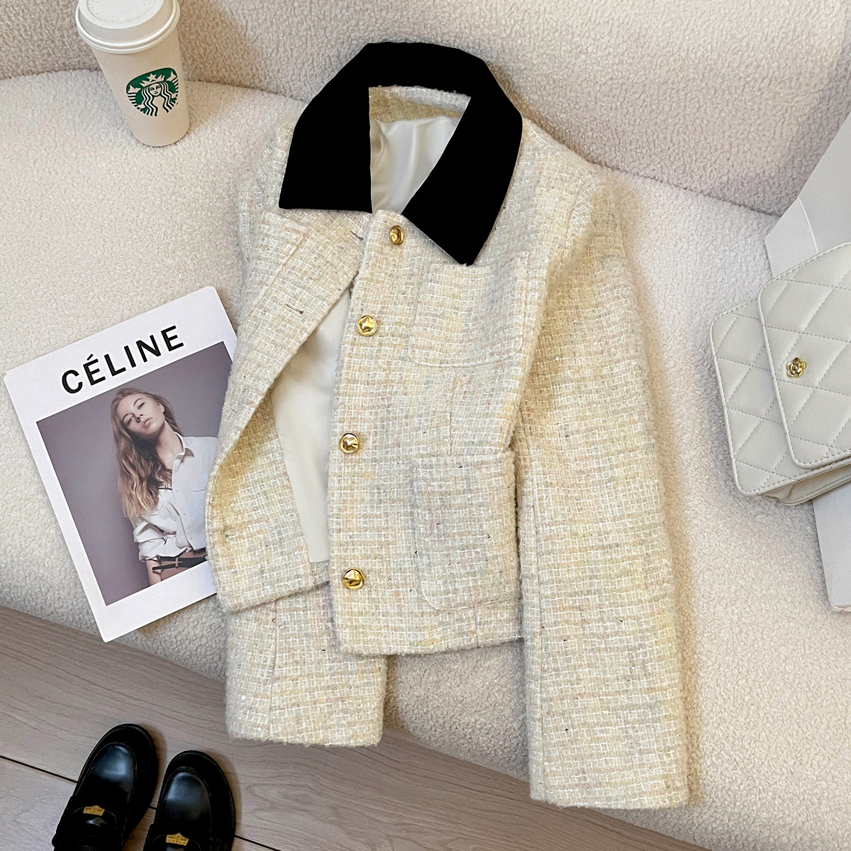 미색 스플라이싱 디자인의 여성용 샤넬 스타일 재킷 2025 가을 겨울 신상 프렌치 스타일 다용도 패셔너블 상의