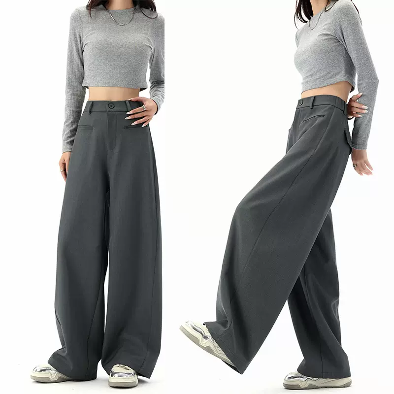 美式老钱风阔腿灰色西装裤女秋冬新款小个子高腰慵懒宽松休闲长裤