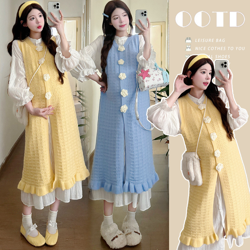 Real Shot in Stock: Autumn French-Style Shirt Long Dress + Hollow-Out Camellia Fishtail Loose Tank Dress Maternity Set Real Shot in Stock: Autumn French-Style Shirt Long Dress + Hollow-Out Camellia Fishtail Loose Tank Dress Maternity Set