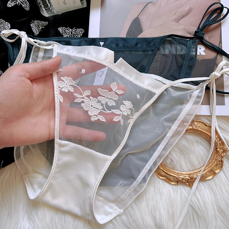 French Embroidered Lace-up Underwear Women's Two Sides Unleachable Low Waist Briefs Mesh Thin for Summer