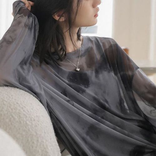 2025 New Loose Korean Style Tie-Dye Sheer Mesh Long-Sleeve T-shirt Trendy Sun Protection Base Shirt Thin Top Women