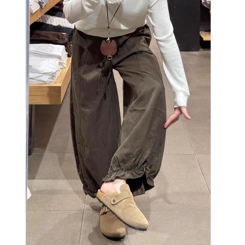 咖色九分花苞休闲裤女秋季大码胖mm宽松显瘦小个子垂感阔腿气球裤|undefined